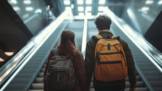 young couple descends escalator crowded subway station showcasing energy and flow commuters busy rush hour.