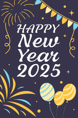 Generative AI Festive New Year 2025 illustration featuring A fun and colorful illustration celebrating New Year's Eve, cartoon designs with fireworks, colorful sparklers, and joyful emoticons. cheerfu