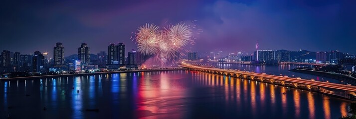 Festive Fireworks Display Over Illuminated City Bridge