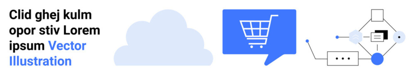 Cloud, shopping cart chat bubble, and connected modern tech elements. Ideal for cloud services, e-commerce, technology, communication, network, business solutions, digital innovation. Landing page