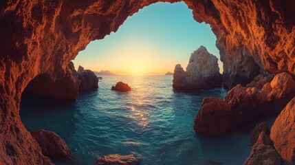 A serene coastal view from a cave, showcasing the sunset over the water and rocky formations.