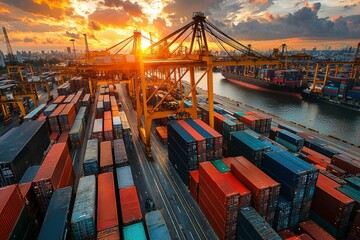 Aerial View of Cargo Containers at a Busy Port During Sunset