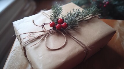Handcrafted Christmas gift wrapping using recycled paper, with twine and a small winter berry branch for decoration.
