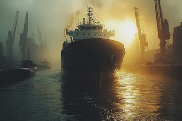 Fototapeta premium Cargo Ship Moored at a Harbor with Cranes in Foggy Sunrise