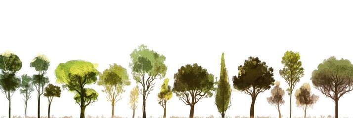 Fototapeta premium Various Tree Silhouettes on White Panoramic Background