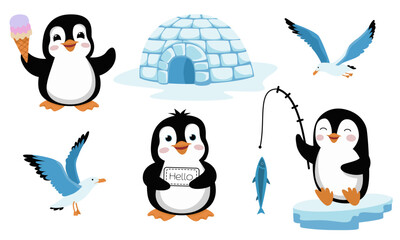Antarctica illustration. Polar gulls, penguins and igloo.
