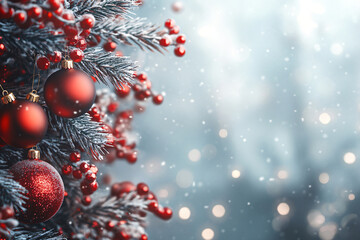 Red balls decoration on green Christmas tree on white snowy  blur background. Winter template, border concept for Christmas, New Year and sale season. Web card and backdrop with space for text