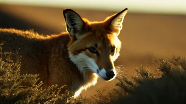 Camera slowly zooms in on a fennec fox's face in harsh midday sun, its ears twitching as it listens for prey