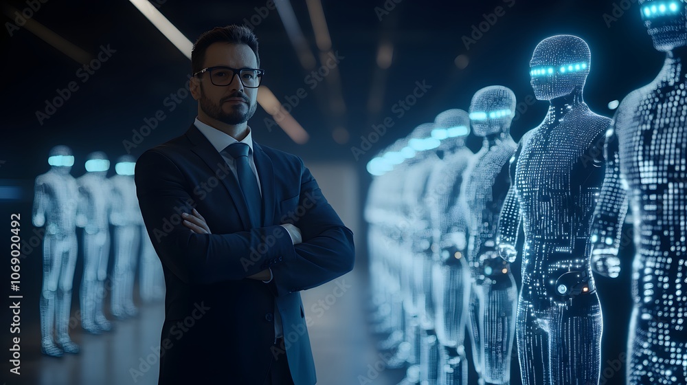 Poster businessman with futuristic robots in modern setting