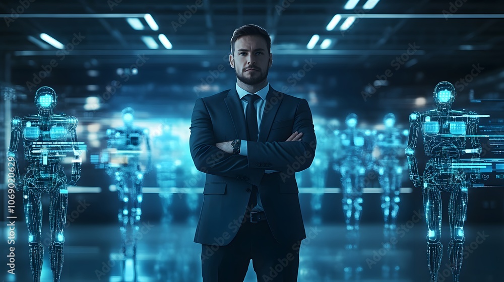 Aufkleber professional man surrounded by futuristic robots