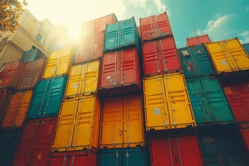 Fototapeta premium A Stack of Colorful Shipping Containers Against a Bright Sky