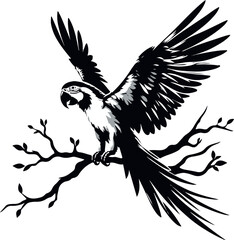 a parrot sitting on a branch silhouette, vector