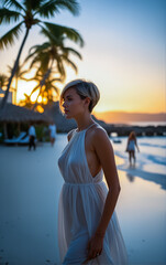 Portrait of a young woman in a white elegant dress on a tropical beach.