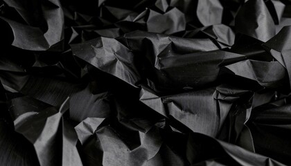 Close-up of crumpled black wrapping paper with intricate folds and creases, creating a textured, abstract pattern with deep shadows.
