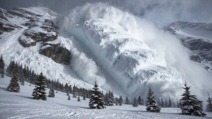 Massive snow avalanche cascades down mountain, threatening forest during winter season