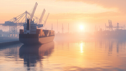 Fototapeta premium Cargo Ship in Modern Harbor Under Warm Sunlight