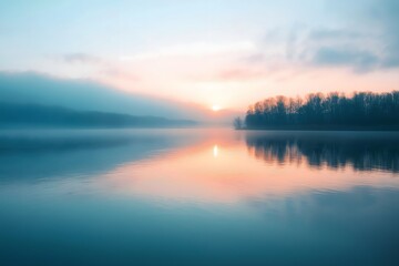 Fototapeta premium Misty Sunrise Lake Reflection Tranquil Scene