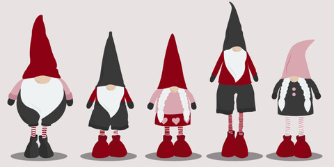 Set of cute Christmas elves, gnomes in pink, red and gray outfits, vector illustration