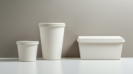 Various sizes of white paper containers on a neutral background