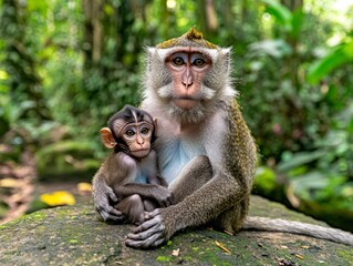 Naklejka premium Monkey and Baby in Lush Jungle Setting