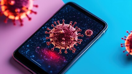 A smartphone displays a digital representation of a virus, set against a vibrant background, symbolizing health and technology's intersection.