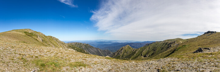 Panorama view from the Main Range Walk at Mt Kosciusko showcasing stunning mountain landscapes on a...