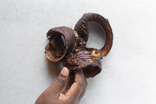 Overhead view of dried sole fish, top view of nigerian eja abo fish