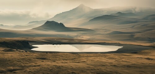 Obraz premium Serene Mountainous Terrain with Reflective Lake