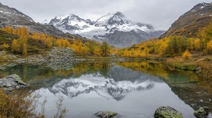 Fototapeta premium A serene mountain landscape reflecting autumn colors in a tranquil lake.