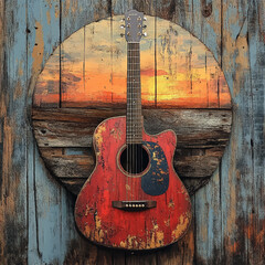Fototapeta premium Rustic, weathered guitar with red, chipped paint mounted on a circular wooden background, resembling a sunset scene