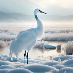 red-crested crane on the snow in the winter
