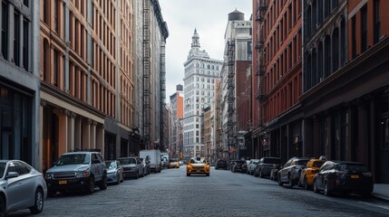 A bustling city street scene featuring classic architecture and parked vehicles.