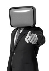 Retro man with television head on red background. Vintage man with television head. Retro collage featuring a man in a suit with a retro TV for a head. Retro collage for presentation. Media commentary