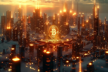 Fototapeta premium Futuristic Bitcoin Dominance over a Cybernetic Cityscape with Glowing Lights and High-Tech Architecture