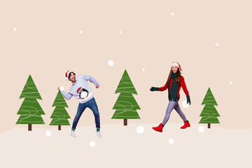 Image collage poster of funky cheerful people enjoying winter season playing game throwing...