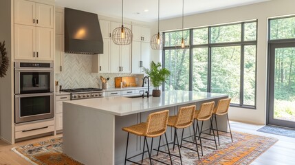Modern Kitchen Island with Wicker Stools and Natural Light