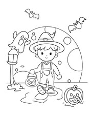 coloring page of a boy holding pumpkin bucket with ghost and bat