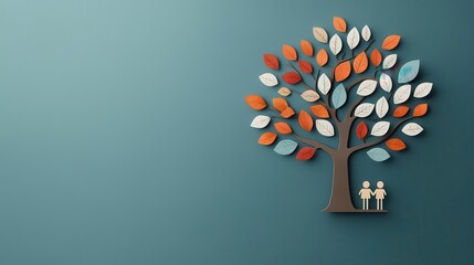 Tree with colorful, illustrated leaves showing family names, ancestry focus