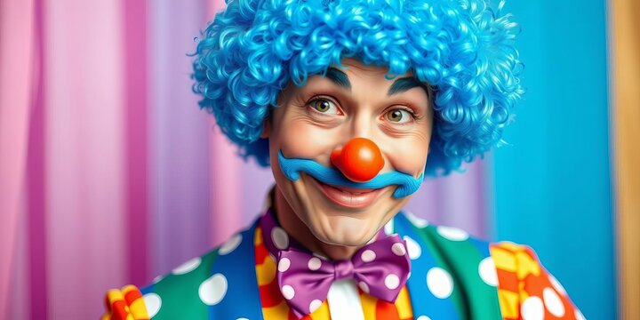 Clown with blue afro wig and oversized bow tie in front of vibrant blue background, background, costume