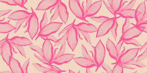 Exotic hand drawn flowers, seamless patterns with floral for fabric, textiles, clothing, wrapping paper, cover, banner, home decor, abstract backgrounds. Vector illustration.