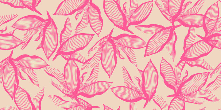 Exotic hand drawn flowers, seamless patterns with floral for fabric, textiles, clothing, wrapping paper, cover, banner, home decor, abstract backgrounds. Vector illustration.