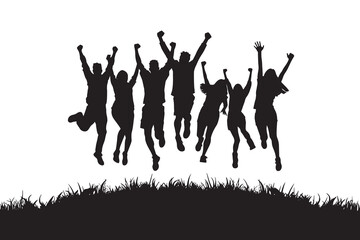 Silhouette of young people jumping in the air, celebrating together.