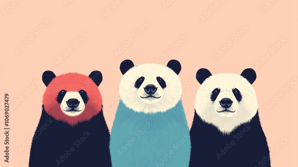 Poster three pandas with colorful fur.
