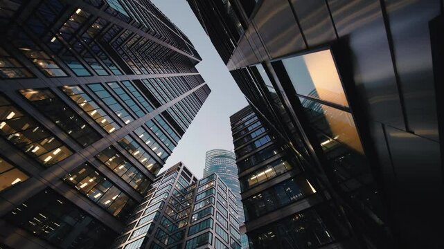 Wide angle gimbal dolly shot downtown high-rise glass skyscrapers in evening, financial district looking up tall modern architecture office buildings city center street, warm lighted windows