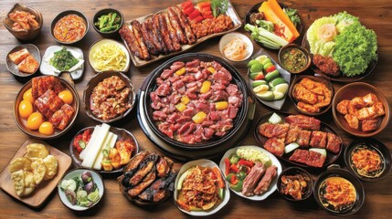 Fototapeta premium A vibrant Korean BBQ spread with sizzling meat, colorful vegetables, and traditional side dishes arranged on a wooden table, perfect for food photograph