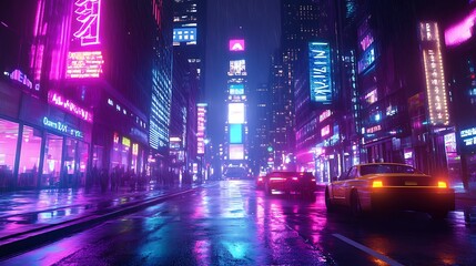 Bright neon lights illuminating cyberpunk city street at night image