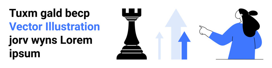 Chess rook symbolizing strategy, ascending arrows indicating growth, and person pointing for direction. Ideal for business plans, marketing strategies, financial growth, strategic planning