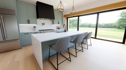 Modern Kitchen Design Island Green Cabinets Countryside View