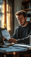 A young man with a serious expression looks down at paperwork while working at his desk.