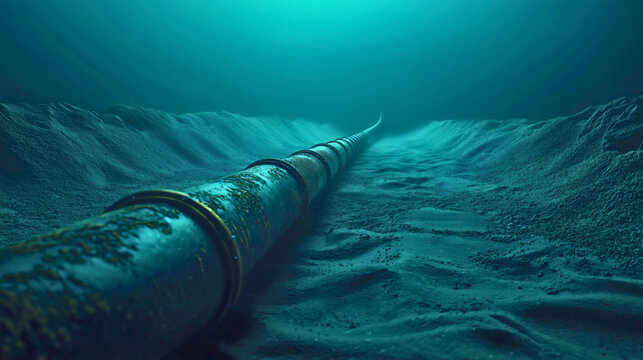 An industrial gas pipeline at the seabed, constructed using large steel pipes through which gas flows. A subsea gas pipeline.